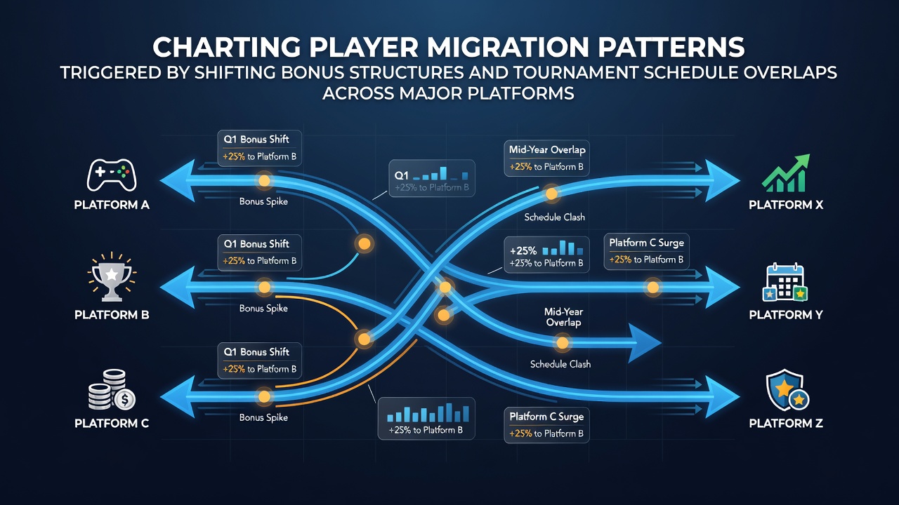 Visual chart showing poker player migration flows between major online platforms due to bonus adjustments and schedule overlaps