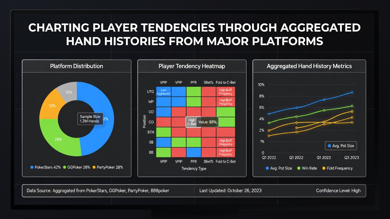 Poker players reviewing aggregated hand history charts on multiple screens showing statistical breakdowns from major platforms