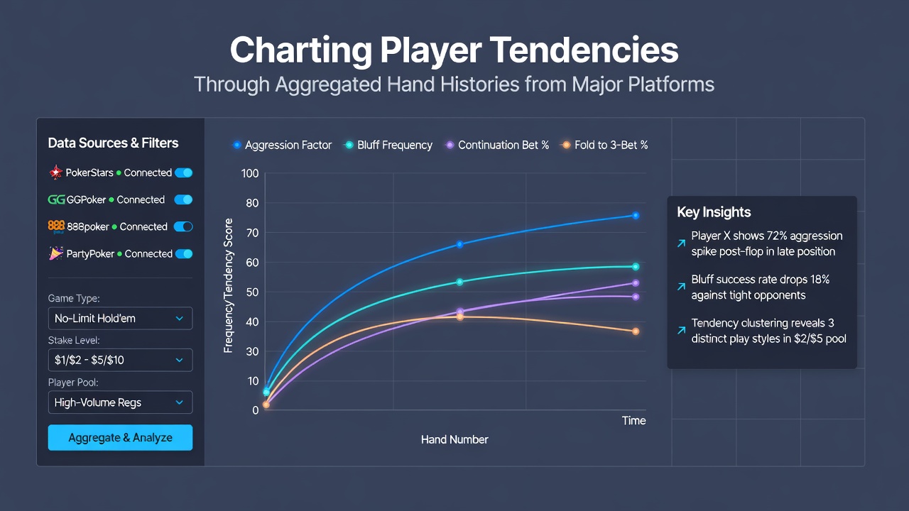 Detailed poker analytics dashboard displaying aggregated hand history trends, heat maps, and player statistics from major online platforms