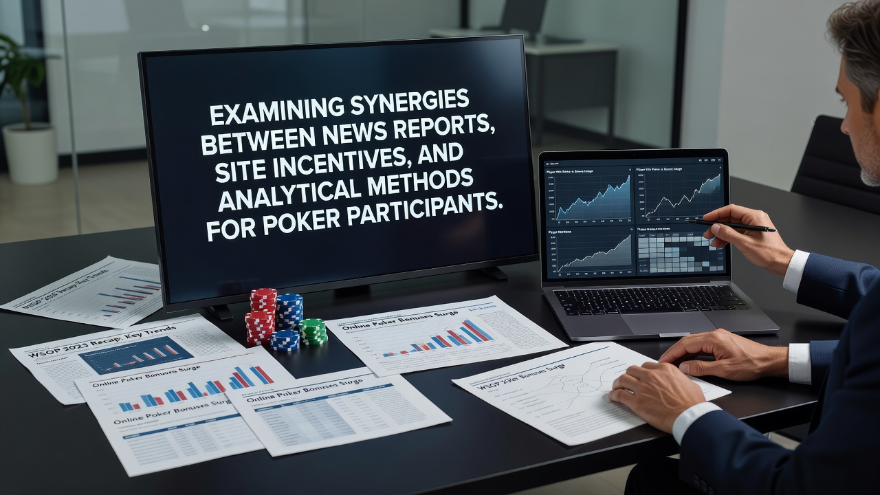 Poker players reviewing news updates and site promotions while analyzing hand data on digital interfaces
