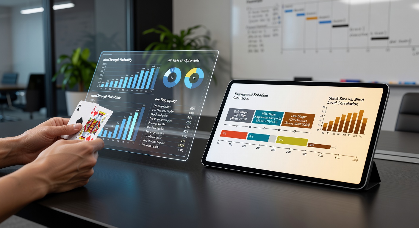 Poker players reviewing hand histories and tournament schedules on digital interfaces