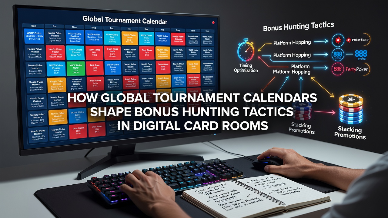 Players analyzing tournament schedules on digital devices in a card room setting