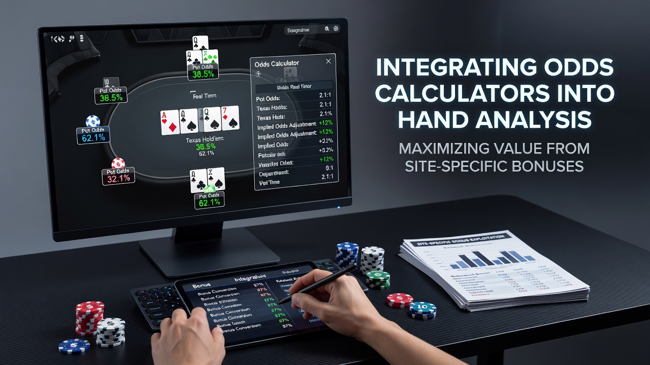 Poker player reviewing hand history on a laptop with odds calculator software open alongside bonus tracking tools