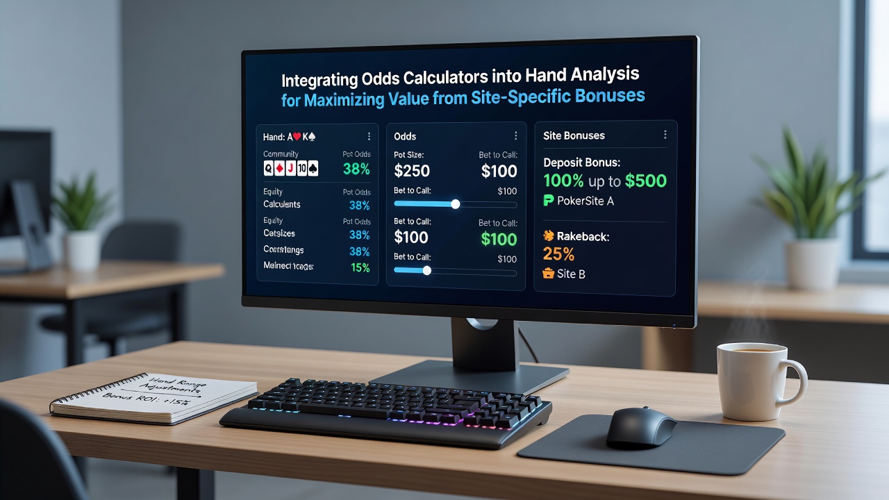 Detailed screenshot of poker odds calculator interface showing equity percentages and bonus-adjusted expected value calculations during hand review