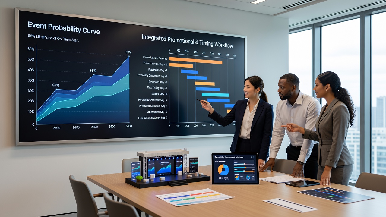 Event planners reviewing probability models alongside promotional calendars for upcoming tournaments