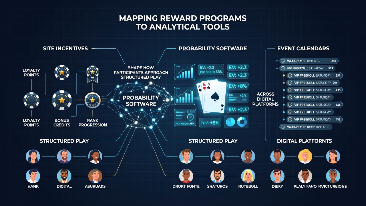 Illustration showing connections between poker reward programs, analytical tools, and event calendars on digital platforms