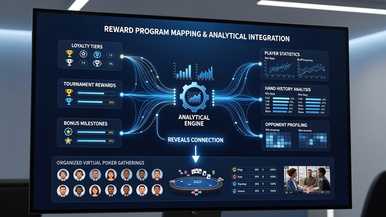 Screenshot of poker software interface displaying reward tracking alongside probability calculations and upcoming event schedules