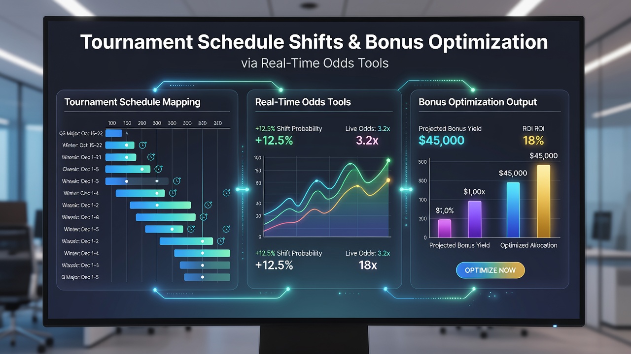 Poker tournament schedule board with real-time odds overlays displayed on multiple screens