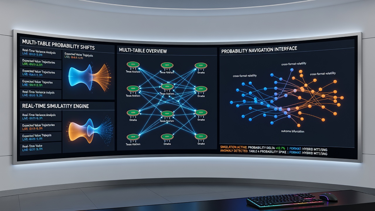 Real-time poker simulation dashboard displaying probability adjustments across multiple tables