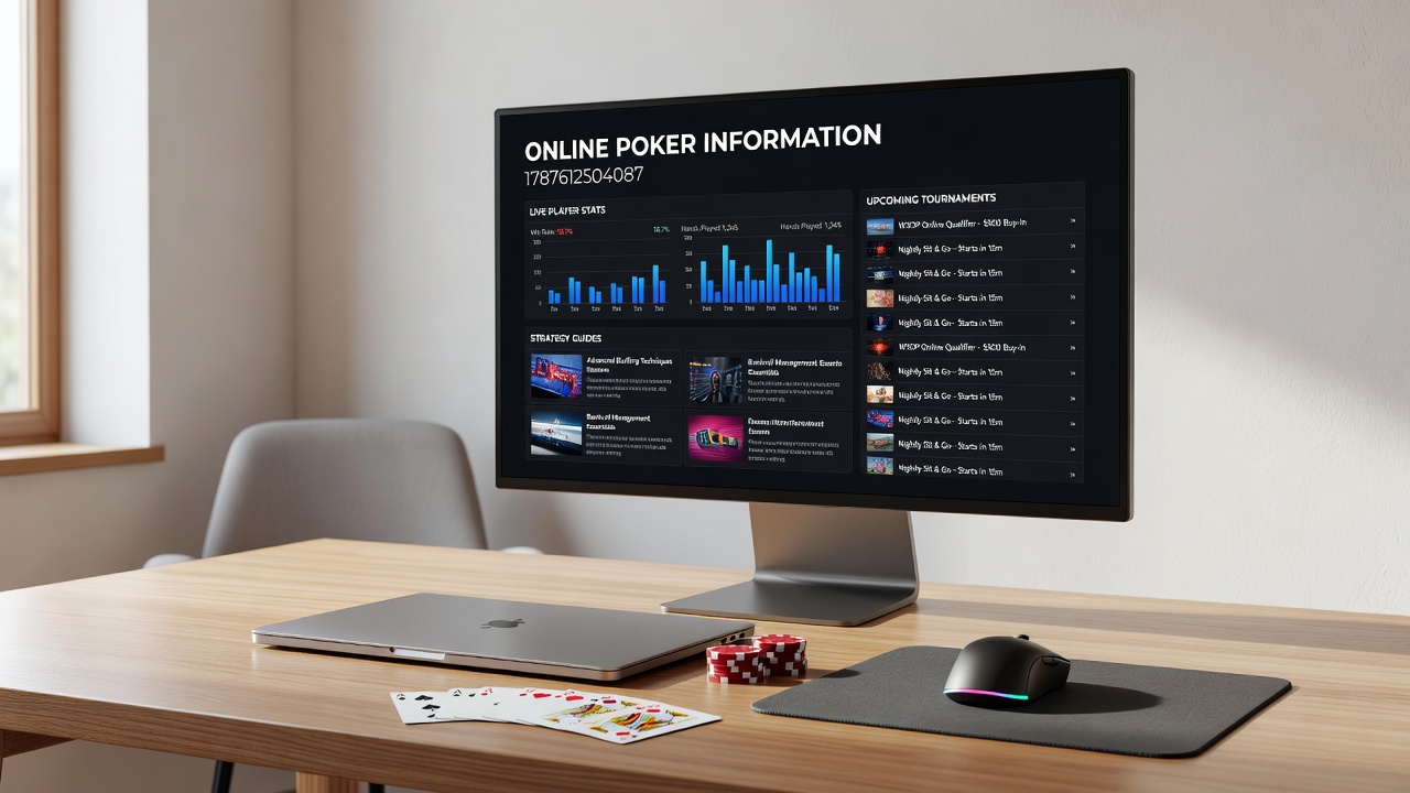 Illustration of online poker gameplay on mobile and desktop devices showing interface variations
