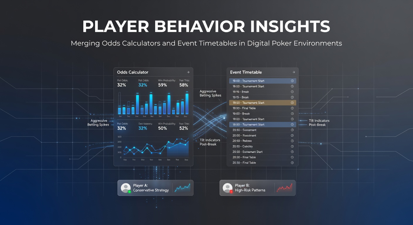 Digital interface showing merged odds calculator and tournament timetable on a poker platform