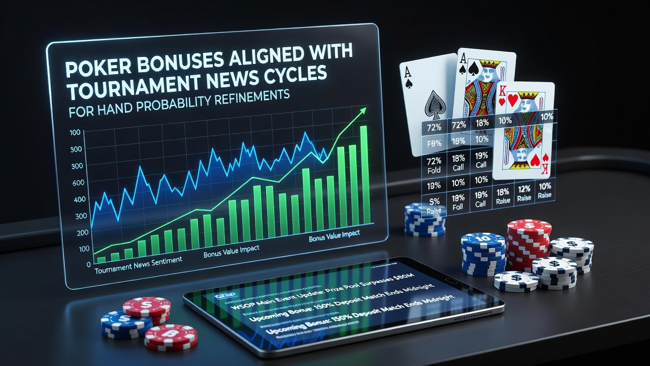 Poker players reviewing tournament schedules and bonus offers alongside hand probability charts