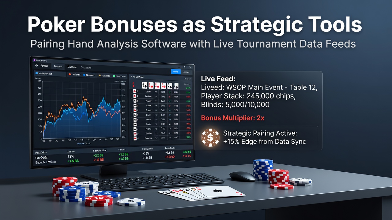 Poker player reviewing hand analysis software overlaid with live tournament statistics on a laptop screen