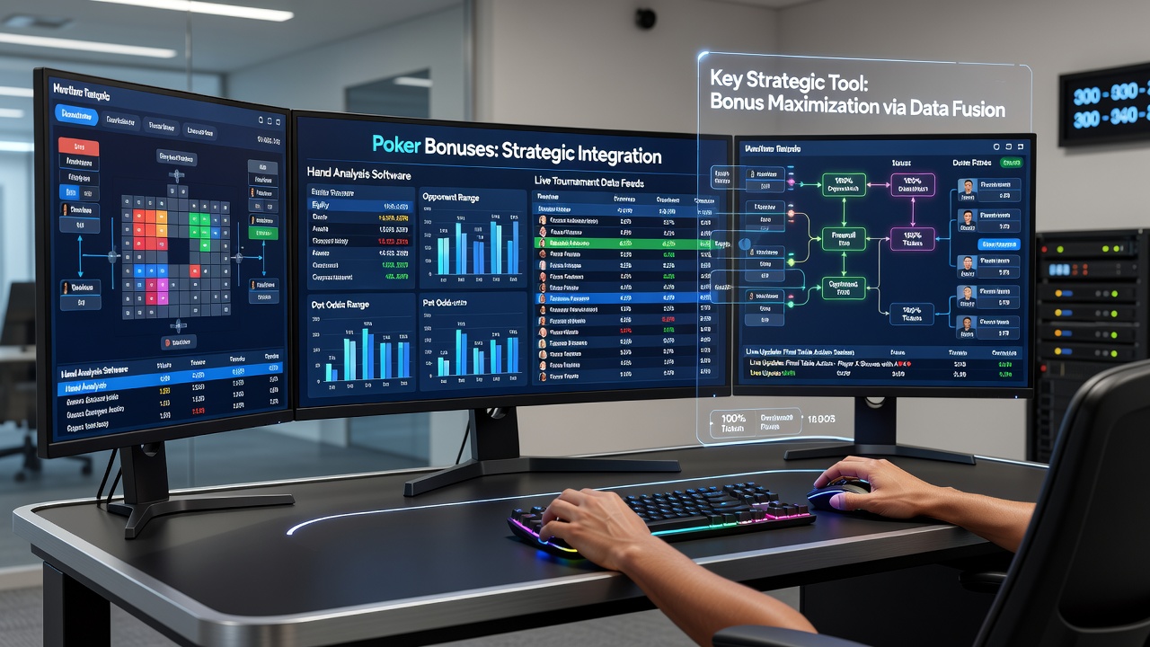 Close-up of tournament data dashboard feeding statistics into hand analysis software during a live event