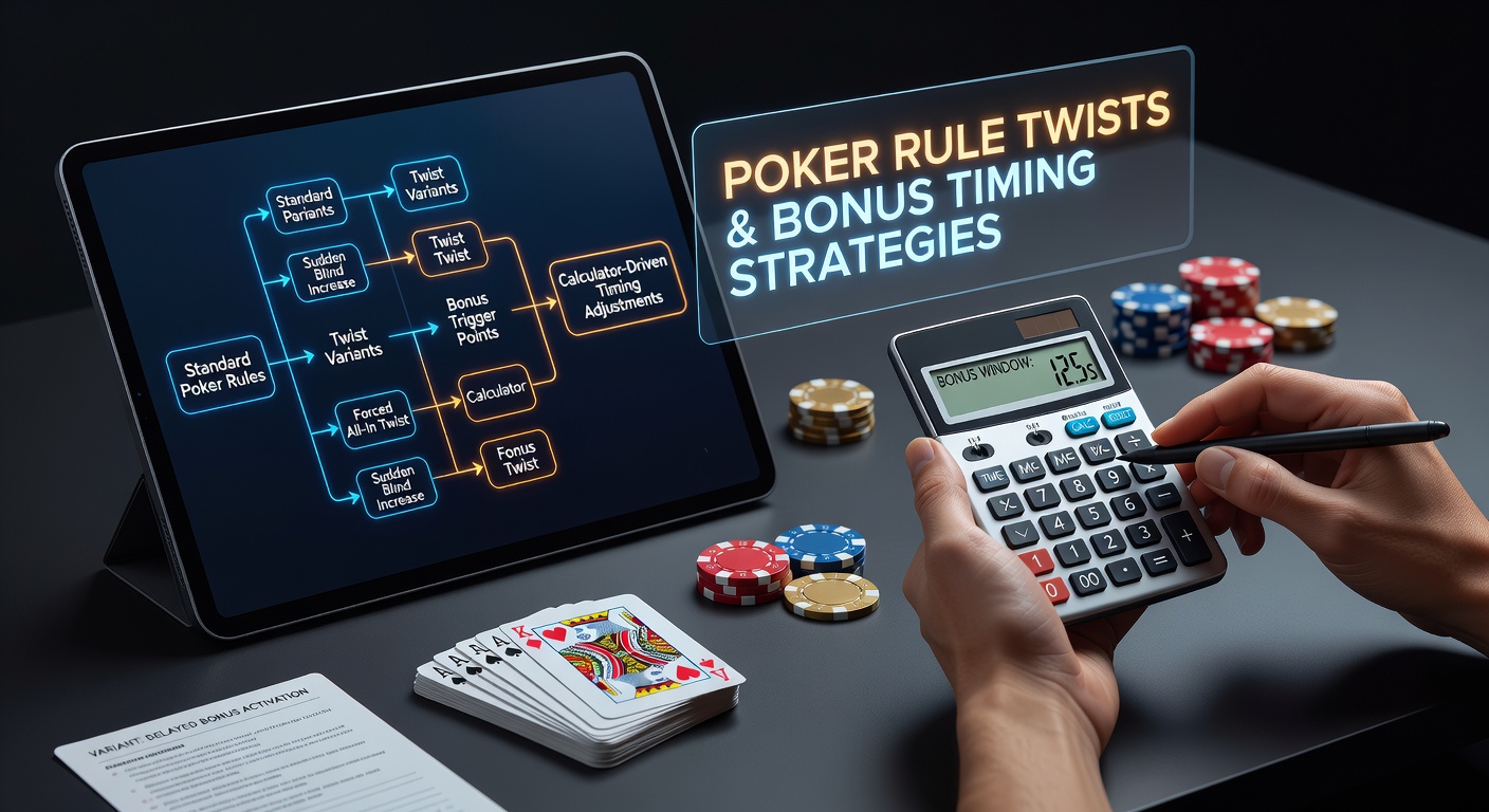 Poker table setup showing rule adjustment indicators alongside calculator interfaces used for bonus timing analysis
