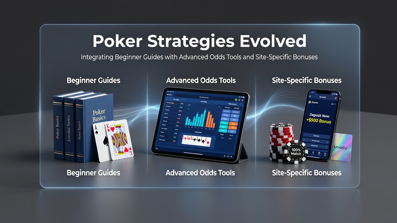 Illustration of poker players reviewing beginner strategy guides alongside digital odds calculation interfaces