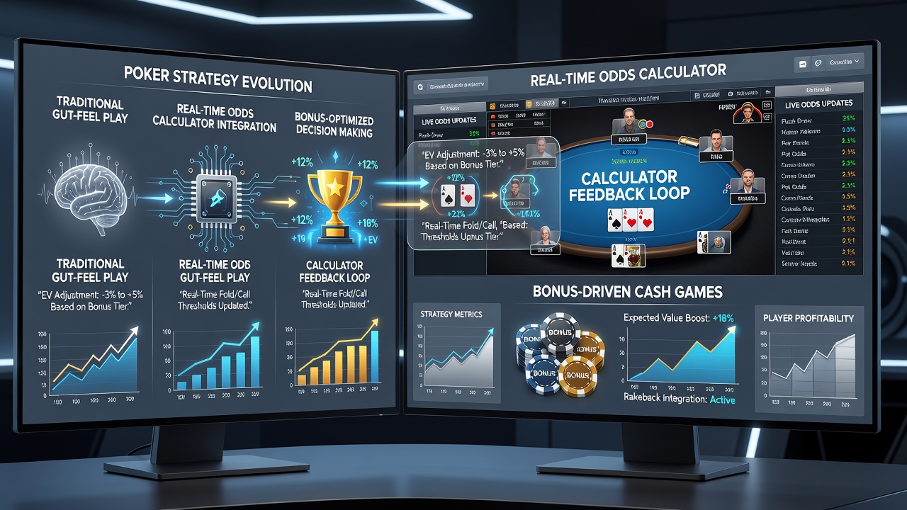 Dashboard view of an odds calculator integrated with bonus progress tracking during an online cash game