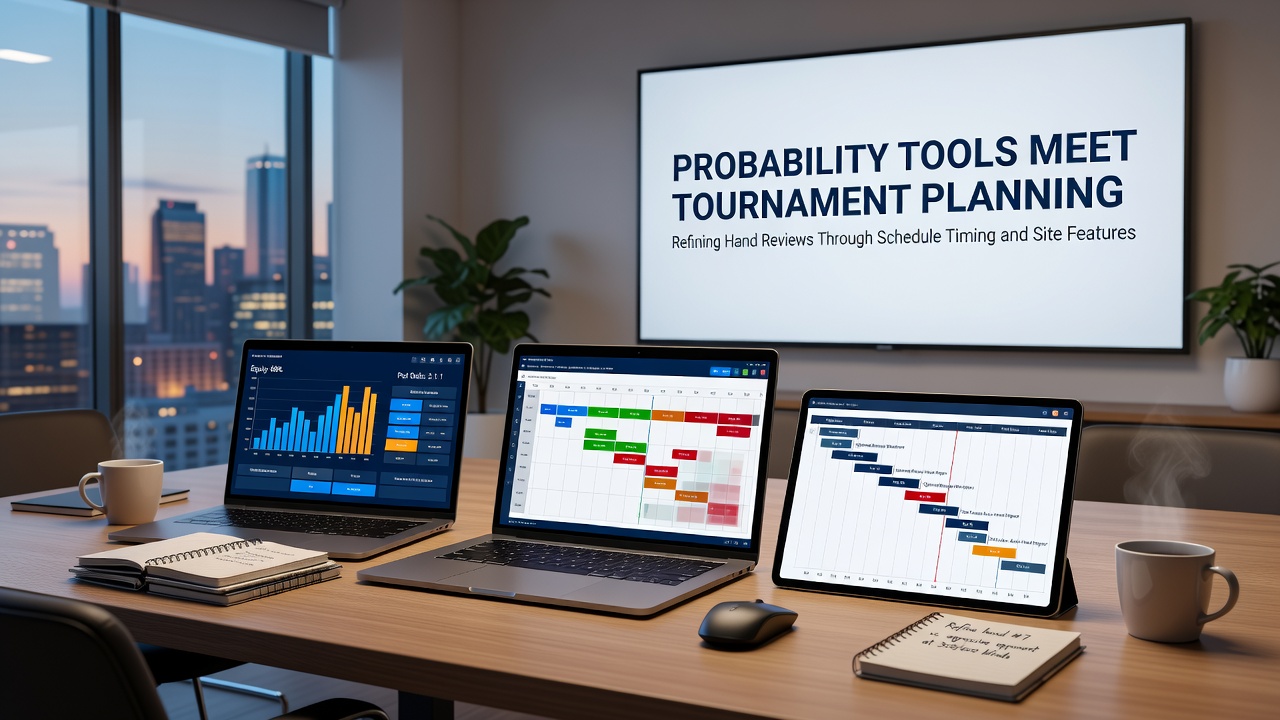 Poker players reviewing hand histories on digital platforms during tournament breaks
