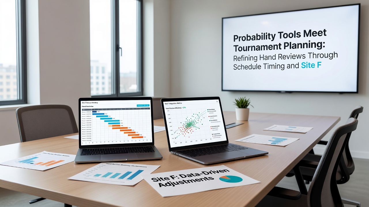 Digital interface displaying poker tournament schedule overlaid with hand review analytics