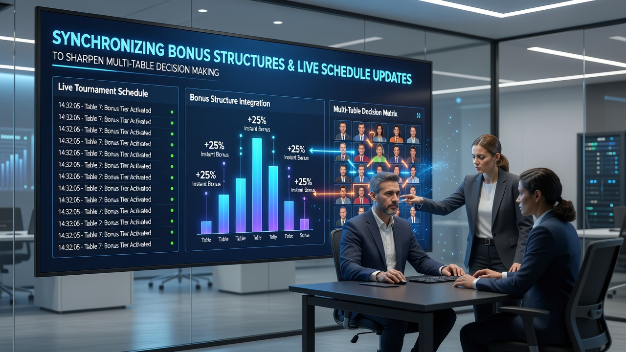 Multiple poker tables open with overlaid schedule notifications and bonus progress trackers