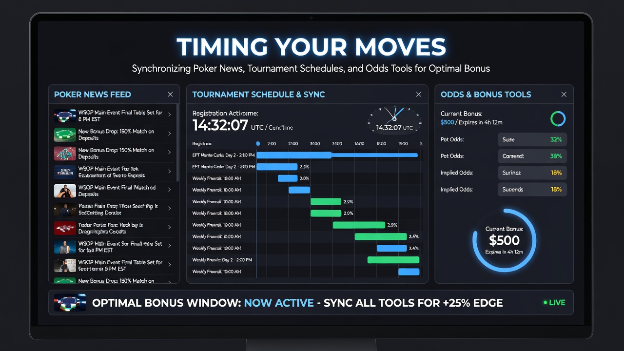 Digital interface displaying poker odds calculations alongside schedule timelines and bonus terms