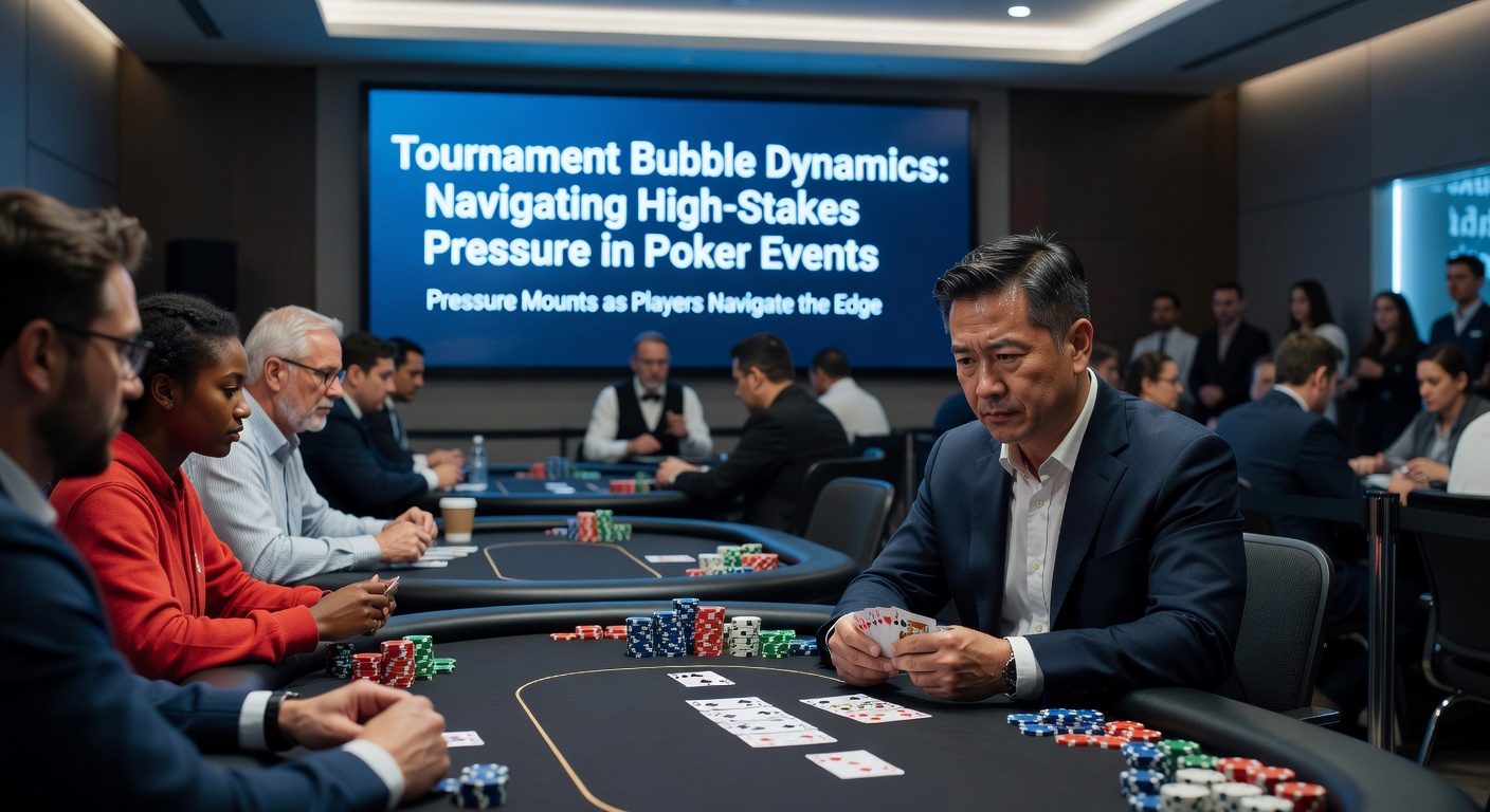 Players at a poker tournament table tense during bubble play, chips stacked high amid focused expressions
