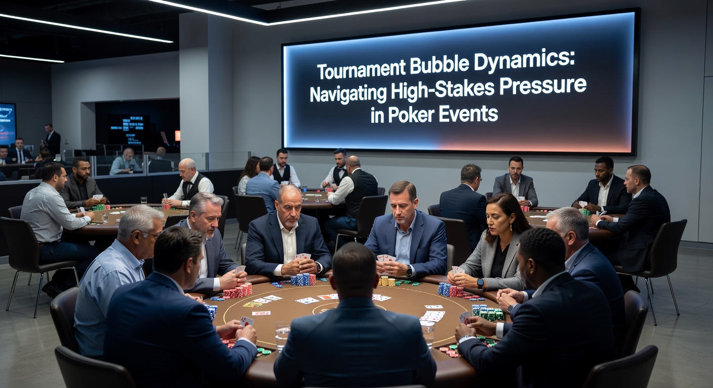 Close-up of a poker player's intense focus during late-stage tournament play, with tournament clock showing bubble time