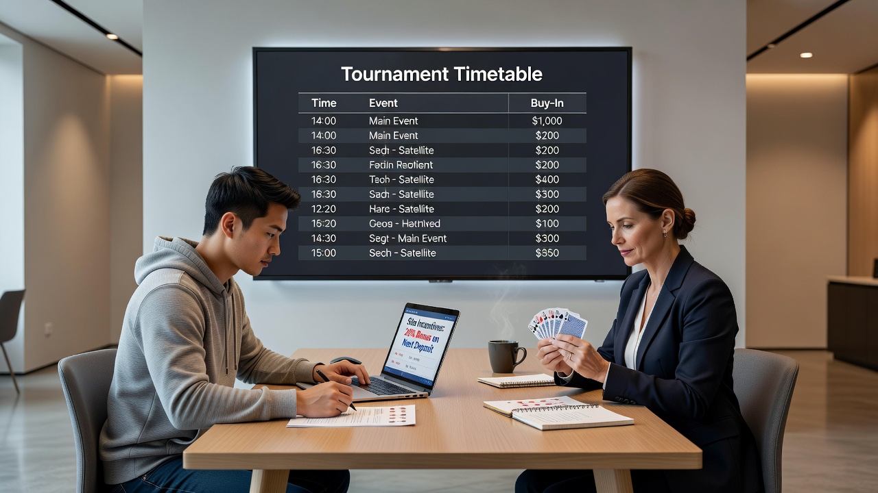 Poker players reviewing hand histories on laptops during a scheduled tournament break