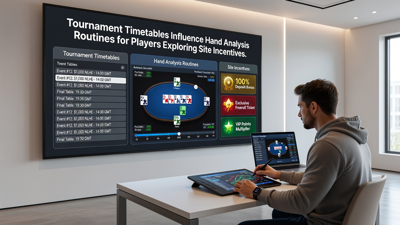 Detailed view of poker tournament schedule board alongside open analysis software on a tablet