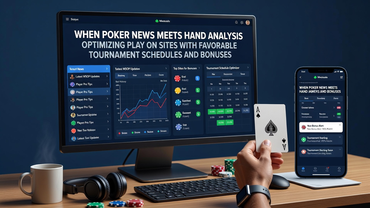 Poker players reviewing tournament schedules and analyzing hands on a laptop screen with bonus notifications visible