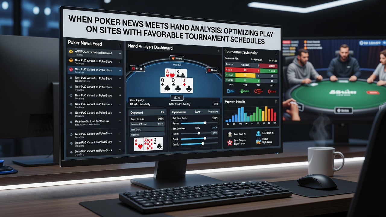 Close-up of poker software displaying hand histories alongside a calendar of upcoming tournaments and active bonus offers